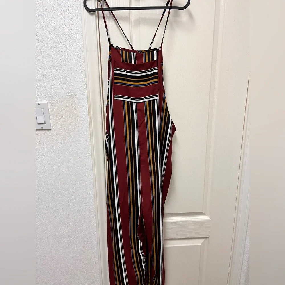Burgundy Striped Overall Flowy Jumpsuit - Picture 2 of 4